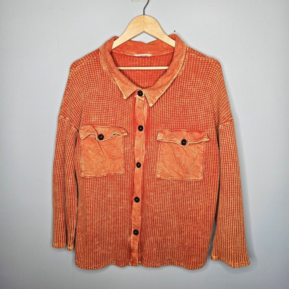 BUCKETLIST Lumberjane Waffle Knit Button Down Shirt S Orange Preppy Relaxed